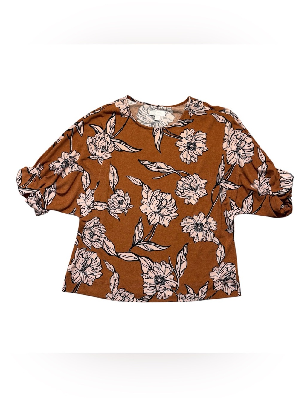14th & Union Brown Floral Roll-Sleeve Top with Pink Flowers